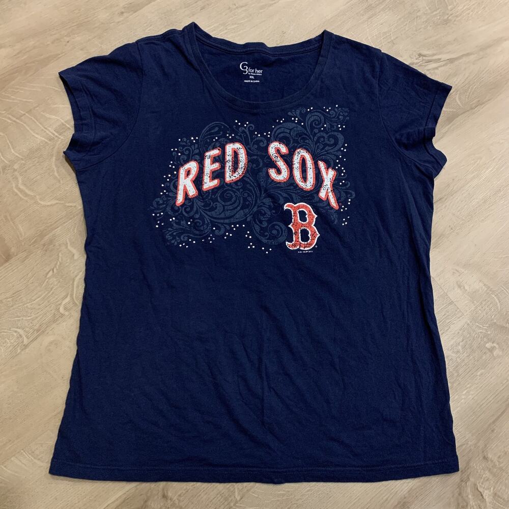 MLB G for Her Boston Red Sox Rhinestone Tee T-Shirt Women's XXL 2XL Navy Blue